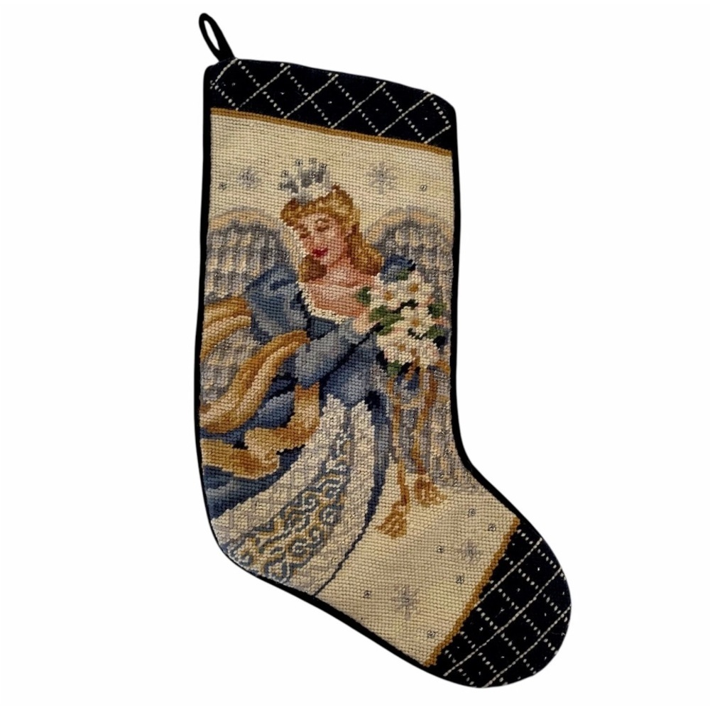 Christmas Stocking Angel C & F Enterprises Needlepoint Wool Blue Gold Silver Vtg